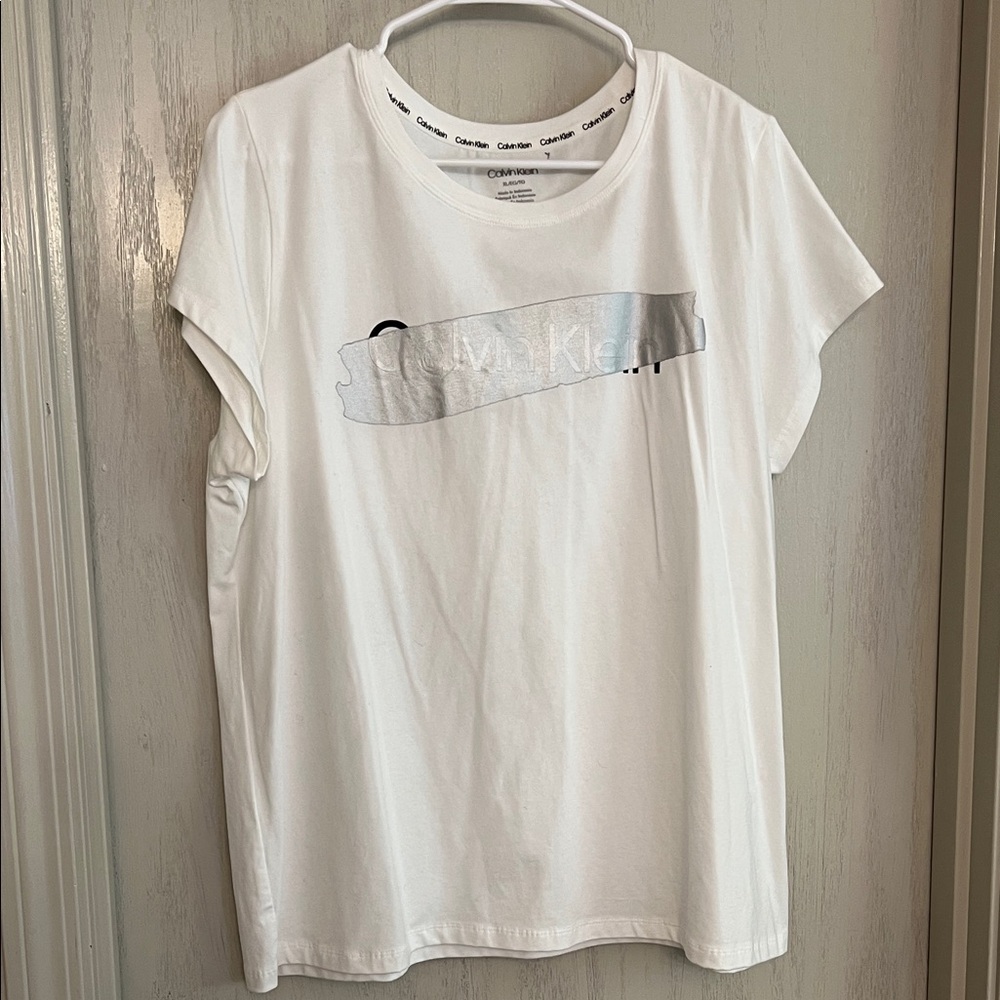 Cotton Blend | Calvin Klein White T-Shirt with Silver Metallic Logo